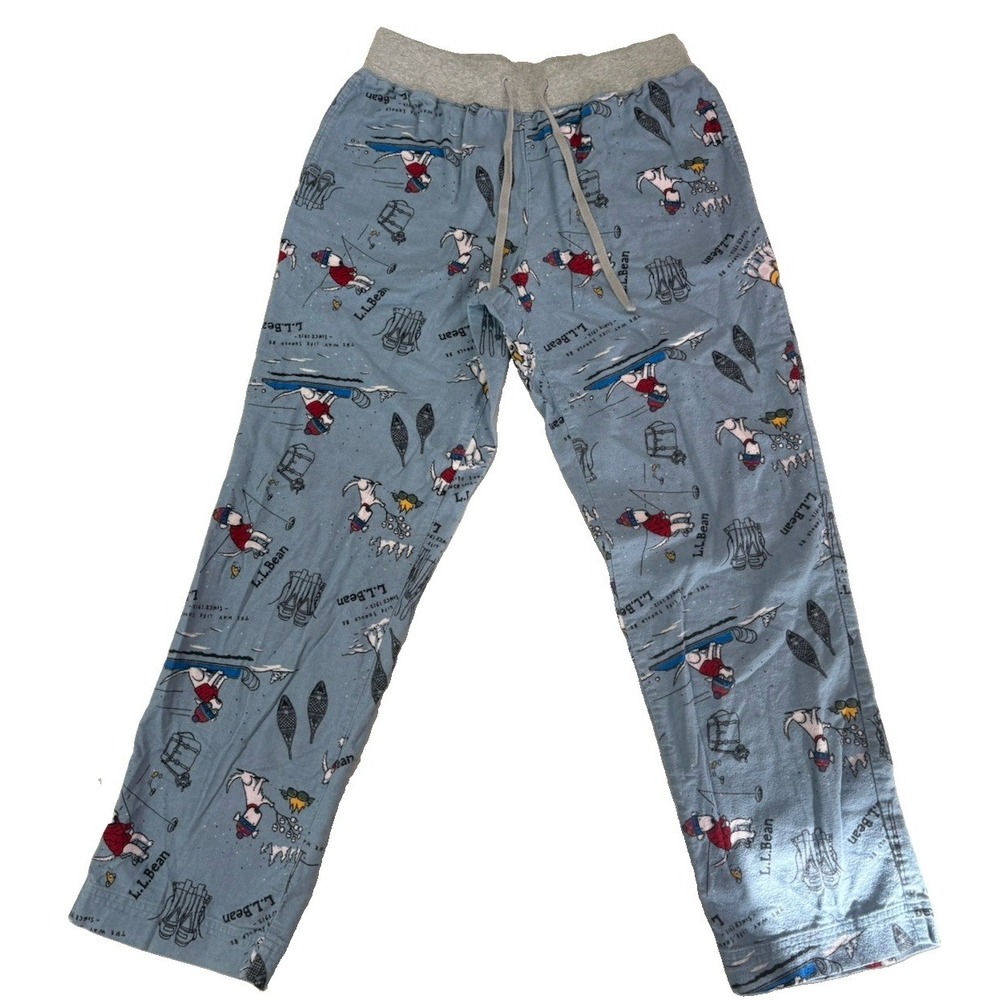 LL Bean Flannel Pajama Pants Womens Small S Blue Winter Dog Campfire Camp Sled